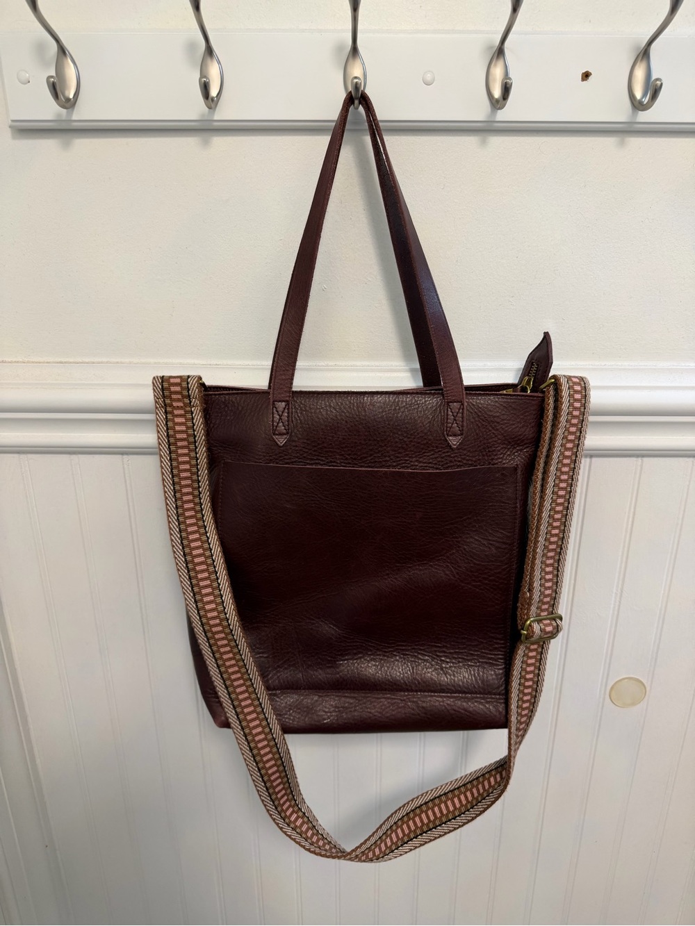 Madewell Burgundy Leather Tote with Patterned Strap